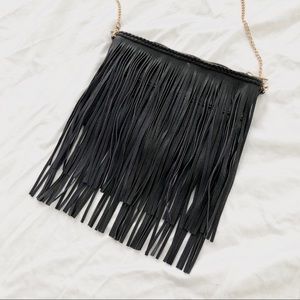 Black Fringe Hand Bag with removable gold chain